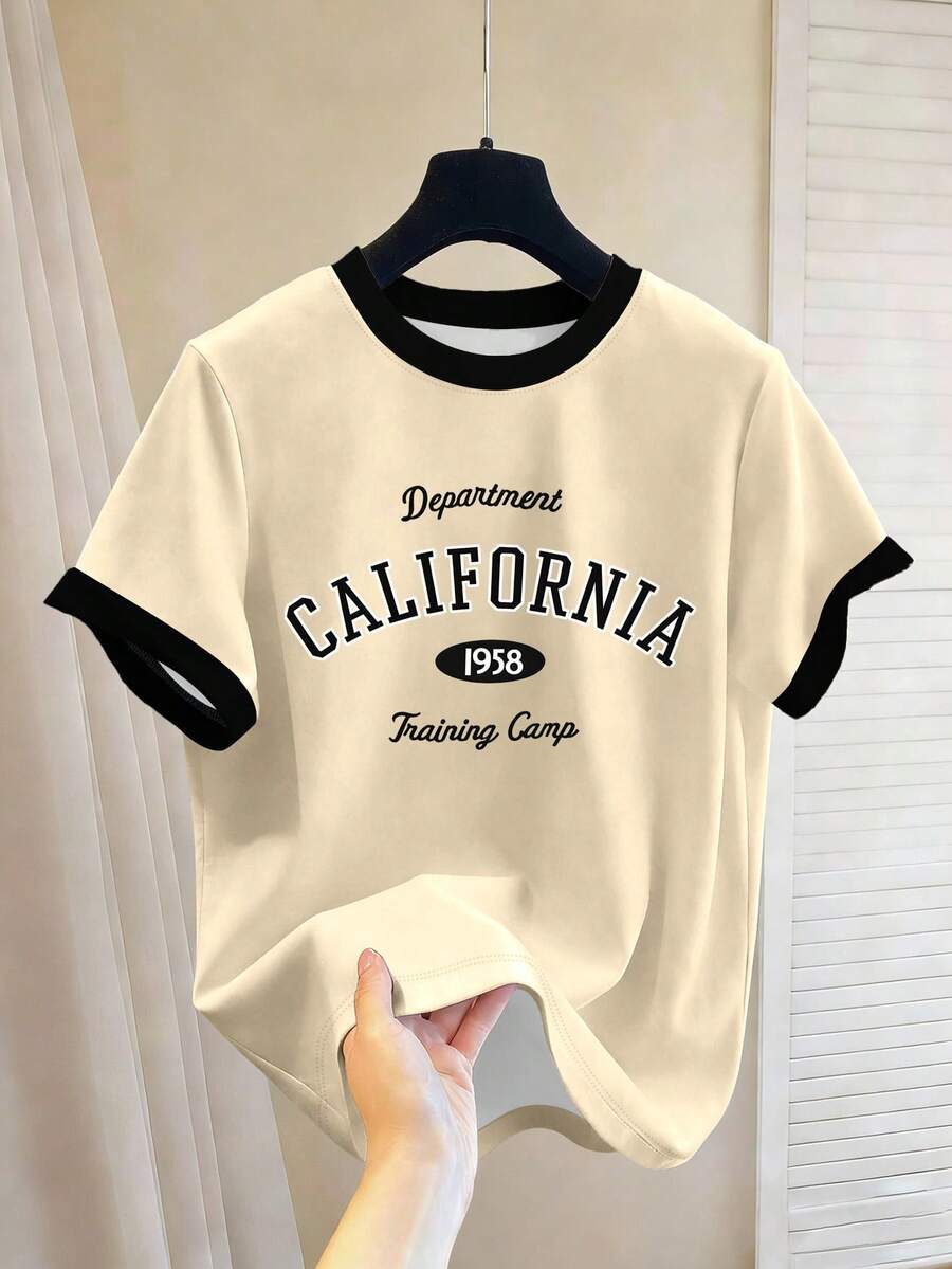 Chillumni 男士复古撞色“California 1958”字母印花宽松圆领T恤 - 彩色 - 查看 1