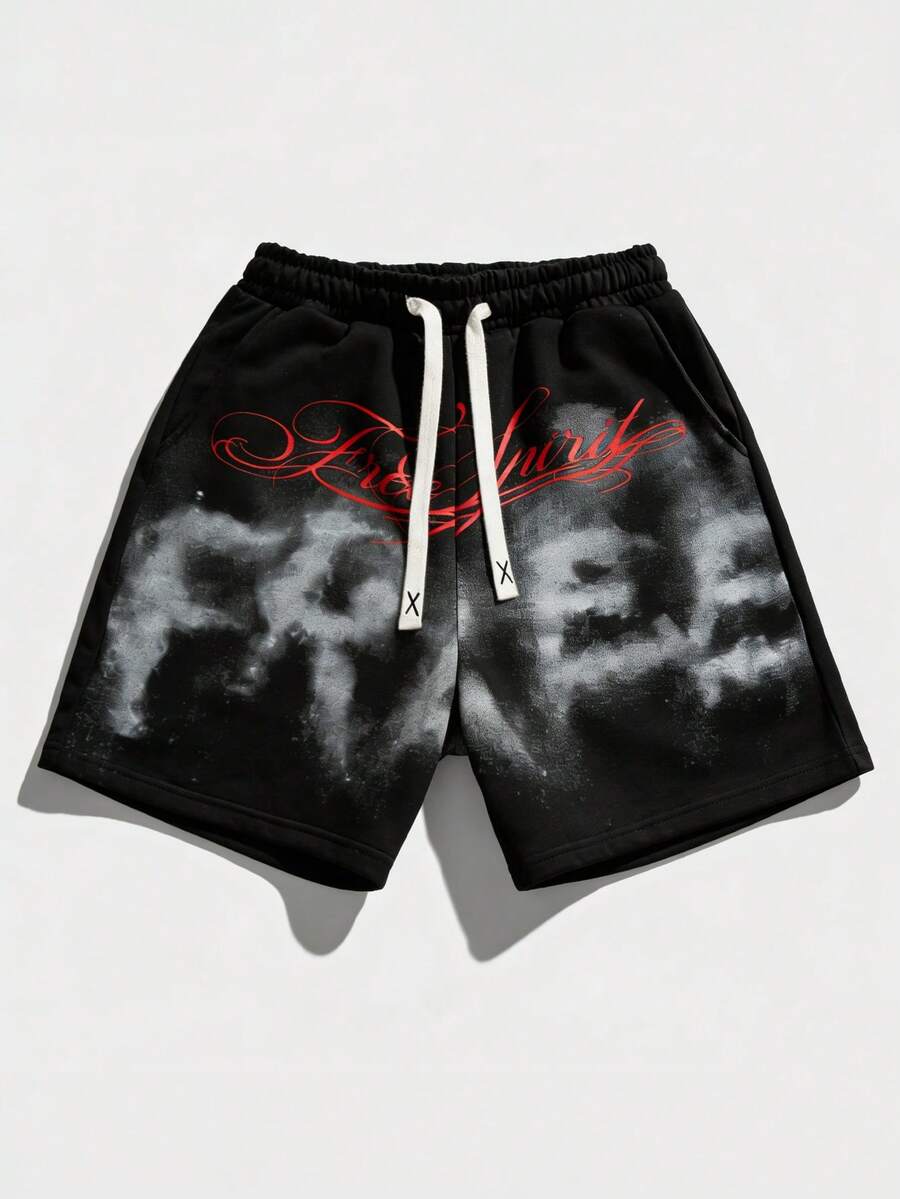 ROMWE MEN Street Life Quần short thể thao nam in họa tiết thời trang thường ngày, họa tiết nổi bật, thích hợp cho mùa xuân, thu và hè 2026, quần nỉ đôi unisex. - màu đen - Xem 1