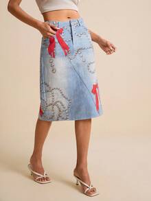 LOTSLUV Women's Spring/Summer Denim Print Diamond Necklace & Bow Print Denim Mini Skirt - Blue - View 1