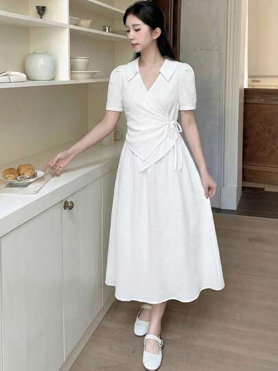 少女款米白色梭织领褶皱蝴蝶结短袖休闲连衣裙