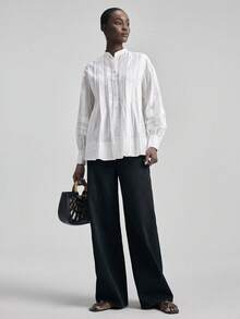 Ontre 女士象牙色天丝褶皱宽松衬衫，优雅适合婚礼宾客，简约浪漫法式风情，奢华都市休闲商务办公装，高品质机场及邮轮穿着，四季皆宜 - 白色 - 查看 5