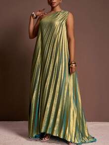 SHEIN CURVE+ 2025春夏秋季新款优雅派对、约会、毕业季、生日派对、聚会、婚礼季、宴会等场合的性感宽松无袖单肩单侧高开衩亮面面料全褶皱大码长裙 - A - 綠色 - 查看 5