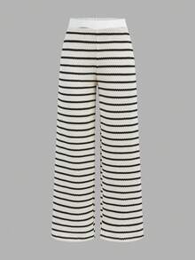 Firerie Kids 少女黑白条纹不对称肩部上衣和宽松长裤两件套，休闲日常百搭，适合外出、旅行、拍照等场合 - 黑與白 - 查看 7