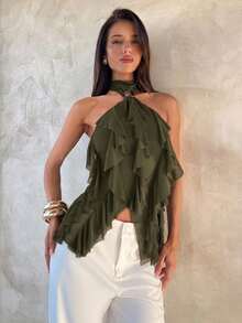 Aloruh Kamisol Wanita Elegan dengan Trim Ruffle Berlapis-lapis dan Kerah Tegak yang Pas di Badan - Hijau Tentara - View 7