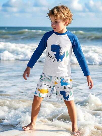 Young BoyLong Sleeve Dinosaur Print Swimsuit Set, 4-7 Years Old, Fashionable Cute Dinosaur Pattern Swim Trunks, Suitable For Baby Boys' Summer Beach Vacation, Comfortable Contrast Color Rash Guard And Shorts, 2-Piece Swimwear