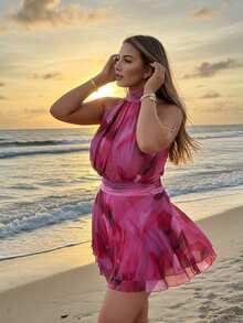 Auralis Đầm mini không tay cổ cao, in họa tiết nhuộm tie-dye, chất liệu lưới, xếp tầng, hở lưng, thích hợp cho kỳ nghỉ, hẹn hò, tiệc trà chiều, du lịch, lễ hội âm nhạc, phong cách boho, cỡ lớn. - Màu Hồng Tươi - Xem 2