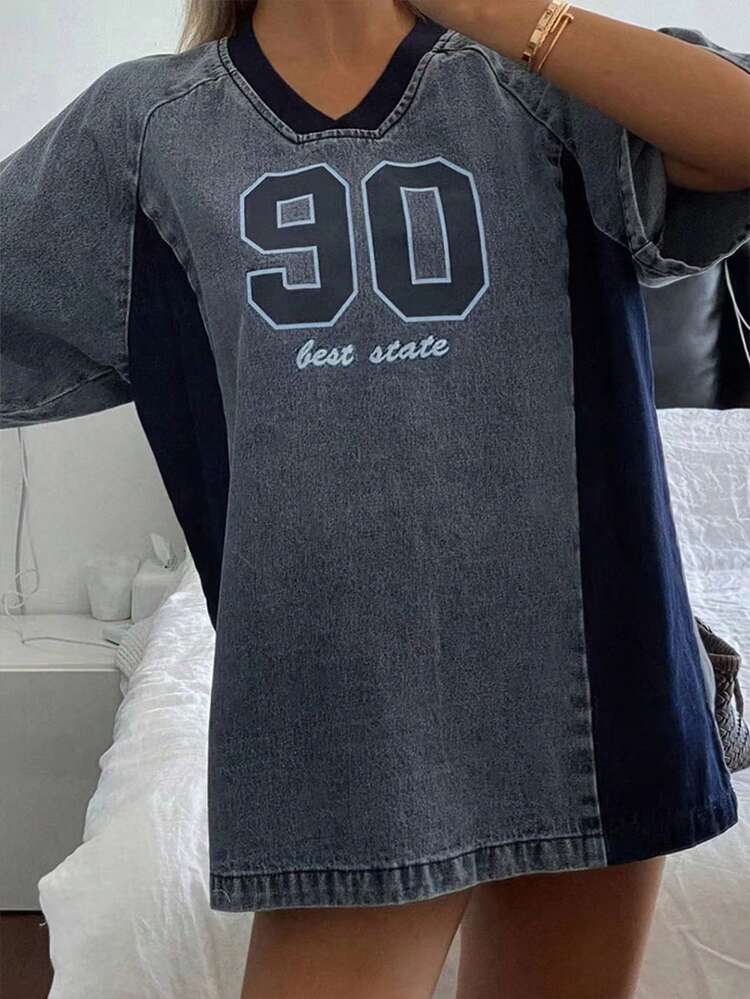 Tall Women's Contrast Color V-Neck Short Sleeve Loose Letter Print Casual Denim Top