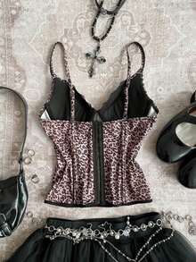 Attitoon 复古休闲豹纹撞色蕾丝吊带背心 - 棕色 - 查看 7