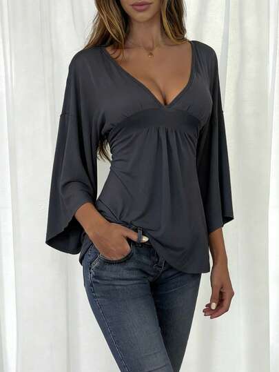 INAWLY Women's Casual Sexy Minimalist Solid Color Deep V-Neck Flare Sleeve Fitted Blouse, Spring/Autumn