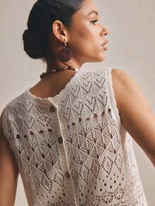 Poéselle 镂空针织无袖法式复古背心，露背波浪领，外出上衣，女士度假装扮，乡村风女士装扮，女士沙滩装扮，完美适用于度假、旅行、周末和海滩穿着，春夏钩针编织上衣，女士背心，女士夏季上衣 - 米色 - 查看 6