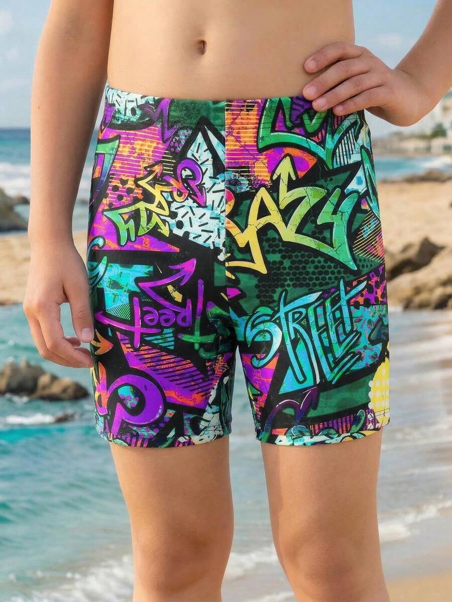 Children's Fashion And Cool Colorful Graffiti Beach Pants, Summer New Quick Drying Casual Shorts, High Street Printed Design, Skin Friendly, Breathable And Sweat Free For Boys And Girls, Beach Vacation, Beach Swimming Pool, Water Park, Fashionable Dressing, Personalized And  Fashion Must-Have Graphic Shorts Rave Shorts Custom Shorts Surf Shorts Sport Shorts - Multicolor - View 1