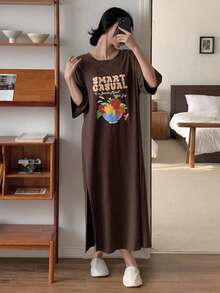 DAZY Camisón de mujer de ajuste holgado y longitud media con estampado de ramo de letras - Marrón - Ver 6