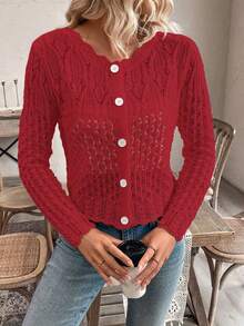 EMERY ROSE Women's Round Neck Hollow Front Button Cardigan, Knitted Sweater Jacket For Autumn/Winter - Red - View 6