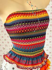 Resyla Women's Patchwork Ruched Fitted Tube Top, Versatile For Dates And Outings - Multicolor - View 5