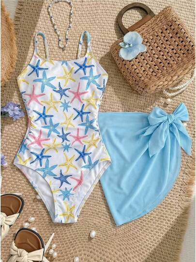 SHEIN Traje de baño de una pieza con estampado colorido para niñas talla grande