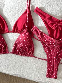 Swim Mod Bộ 4 món bikini chấm bi và đen trơn buộc dây bên hông, kiểu dáng cạp cao, thích hợp cho kỳ nghỉ biển của nữ. - Đỏ - Xem 8