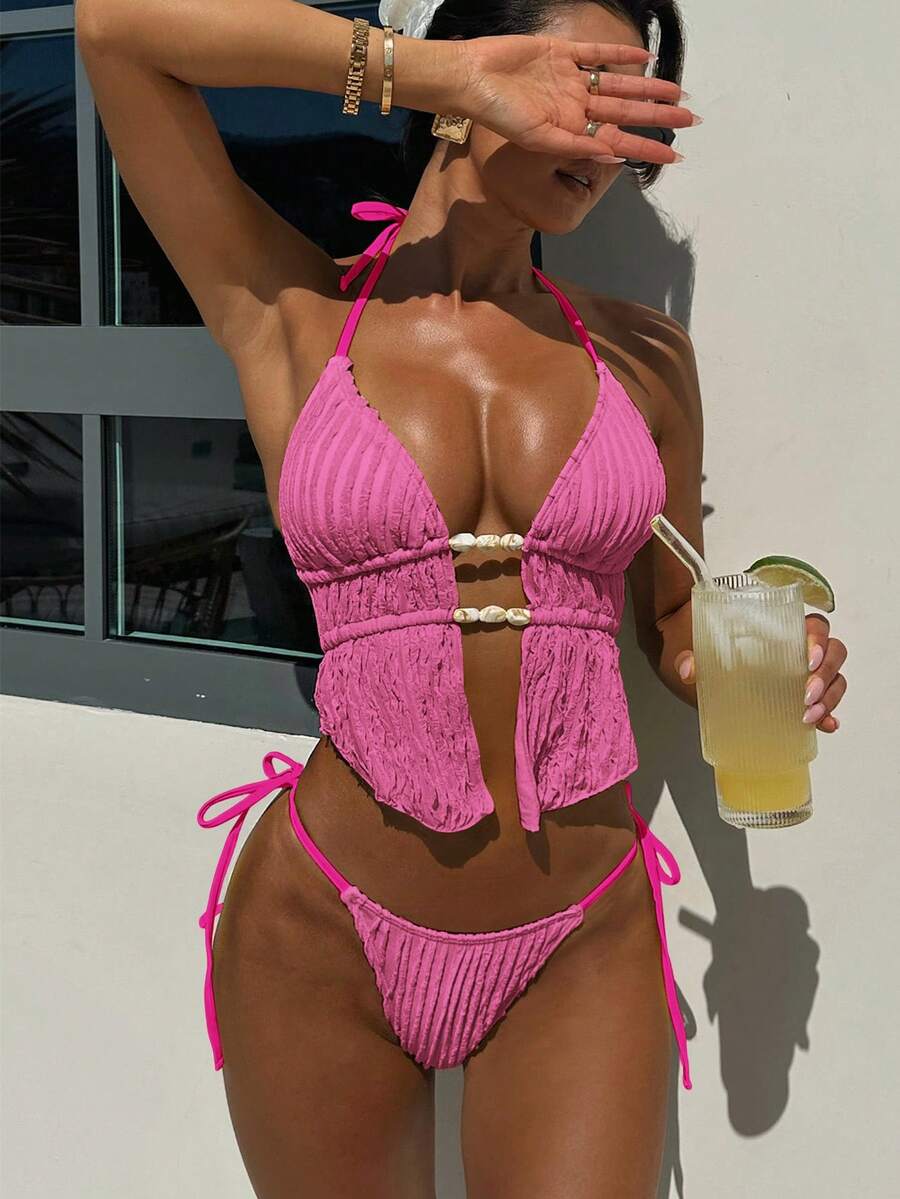 Bonvoyette 女士夏季纯色提花面料吊带露背抽绳系带挂脖性感可爱少女沙滩比基尼泳衣套装 - 粉色 - 查看 1