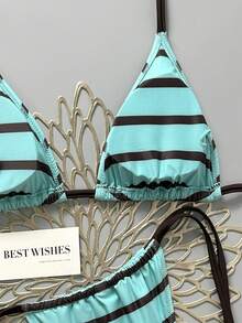 SHEIN Swim Vcay 女士夏季沙滩条纹吊带系带性感比基尼和三角泳裤套装 - 彩色 - 查看 7