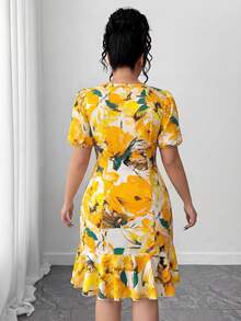 Elenzga Vestido de fiesta elegante con cintura ceñida y estampado floral para mujer de talla grande - Amarillo - Ver 2