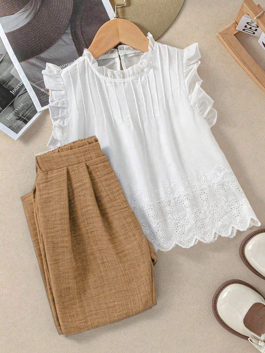 Tween Girls Ruffle Collar Hollow Out Embroidery Blouse And Pants Casual 2 Pieces Set