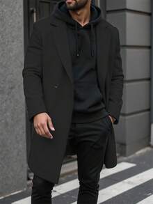 Manfinity Homme Áo khoác nam tay dài cài nút túi màu trơn, áo khoác đi chơi mùa thu, quà tặng cho bạn bè, chồng, bạn trai, áo khoác nam, bộ vest hai hàng khuy, bộ vest thường ngày dùng cho áo khoác ngoài, cho mùa đông - màu đen - Xem 4