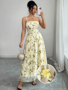 Elenzga 2026春夏新款黄色网纱3D立体花卉刺绣A字吊带裙 - 淡黃色 - 查看 7