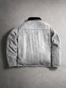 PAVTROS Men's Casual Turndown Collar Fleece-Lined Black Jacket, Versatile Small Logo Print Street Style Retro Ins Outfit, Autumn/Winter - Light Grey - View 2