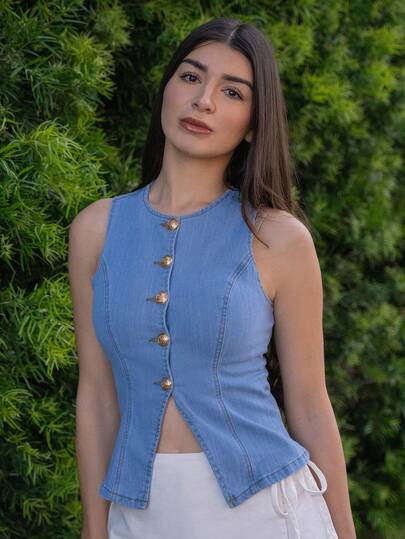 Andrea Bello 女式夏季休闲前扣无袖牛仔衬衫