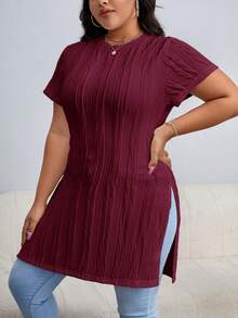 SHEIN Essnce Plus Size Women's Solid Color Split Design Casual Versatile Daily Wear Short Sleeve T-Shirt - Red - View 5