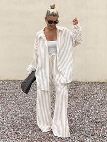 DAZY 秋冬新款宽松休闲条纹女装两件套夏季 - 卡其色 - 查看 3