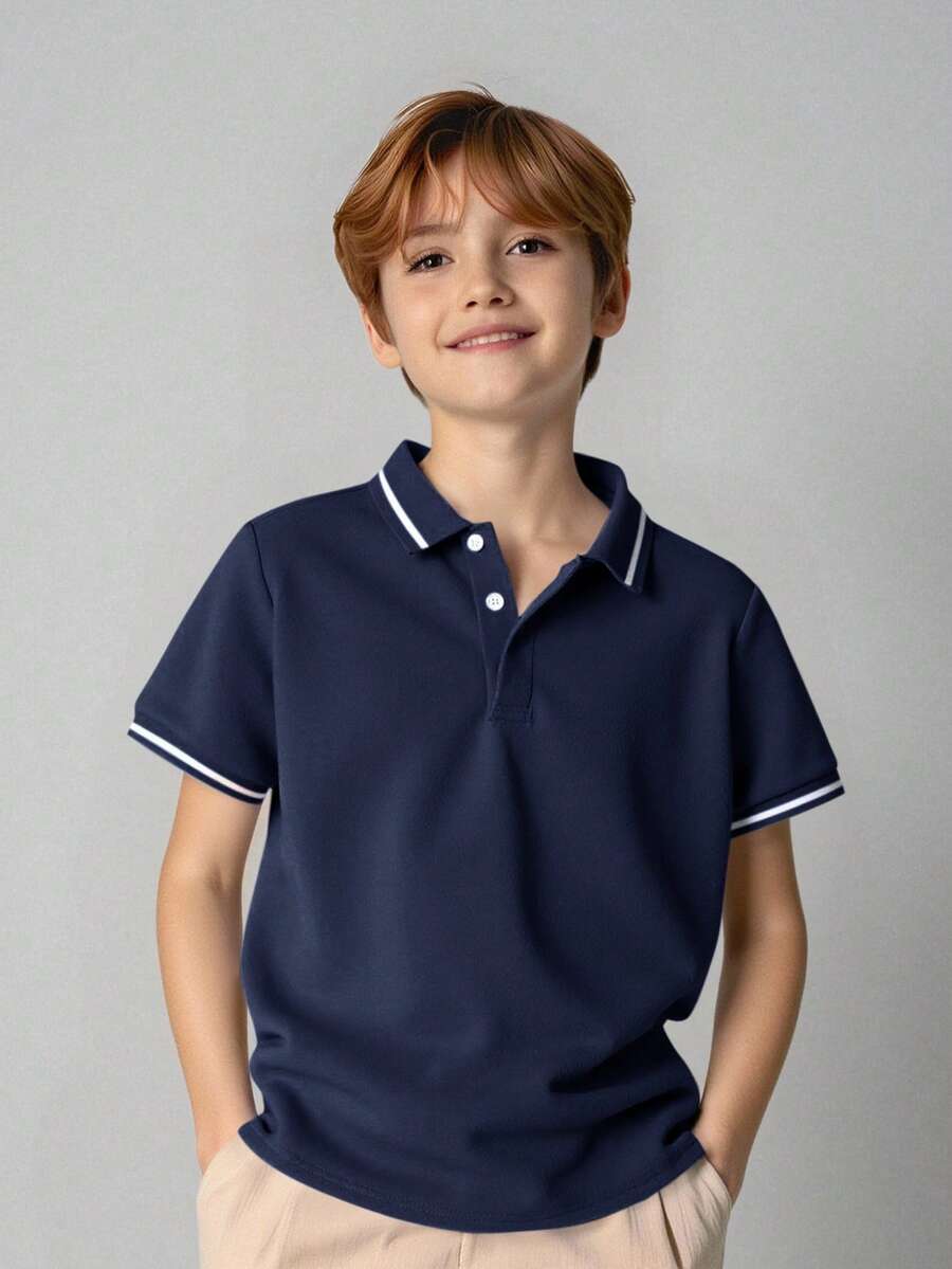 Tween Boy Collared Solid Color Short Sleeve Polo Shirt - Navy Blue - View 1