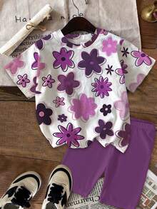 Teen Girl Casual Sweet Colorful Floral Print Set, Lavender, Short Sleeve T-Shirt And Shorts, Suitable For Summer, Vacation, Outdoor Flower Two Piece Girls Teen Flower Tops Flower Top Blouses Girl With Flowers Purple Blouse Teen - Multicolor - View 2