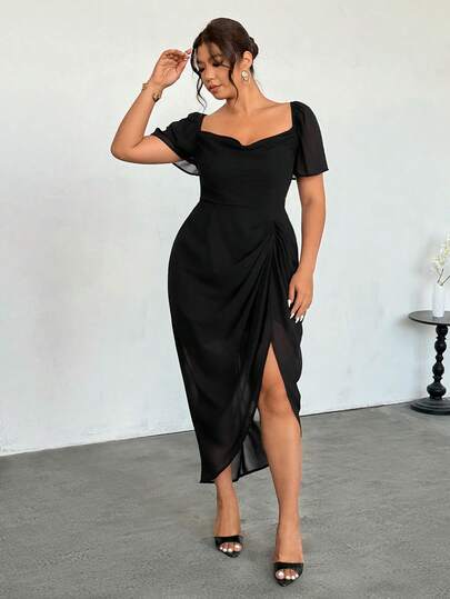 Firerie Plus Size Women Solid Color Ruched Waist Slit Elegant Party Dress