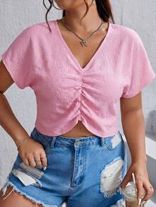 SHEIN EZwear Áo sơ mi tay cánh dơi màu hồng nhạt xếp ly phía trước, cỡ lớn, thích hợp cho kỳ nghỉ hè. - Màu Hồng baby - Xem 1