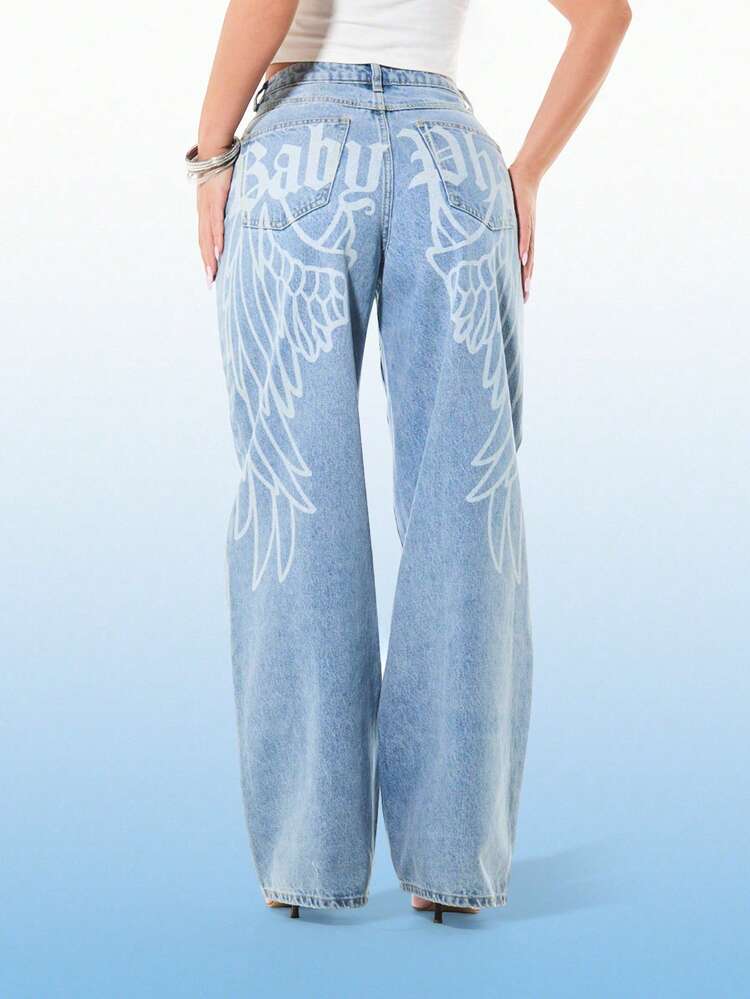 BABYPHAT Jeans ample à taille haute pour femmes avec œillets métalliques et imprimé d'ailes d'ange au dos, en denim vintage lavé, pantalon palazzo