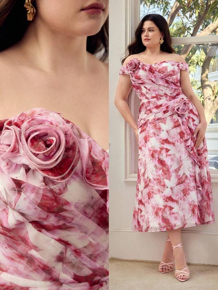 PLUS SIZE WOMEN FLORAL PRINT RUFFLE HEM DRESS