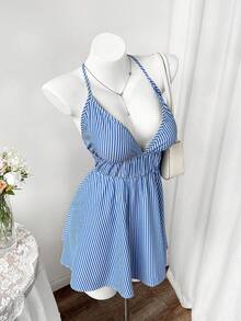 Rustia Plus Size Women Striped Print Halter Backless Casual Vacation Dress - Blue - View 5