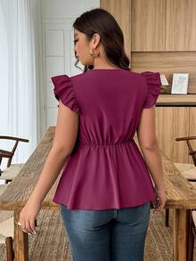 Weeklong Plus Size Women Casual/Vacation/Commute Lace Ruffle V-Neck Cap Sleeve Blouse - Burgundy - View 2
