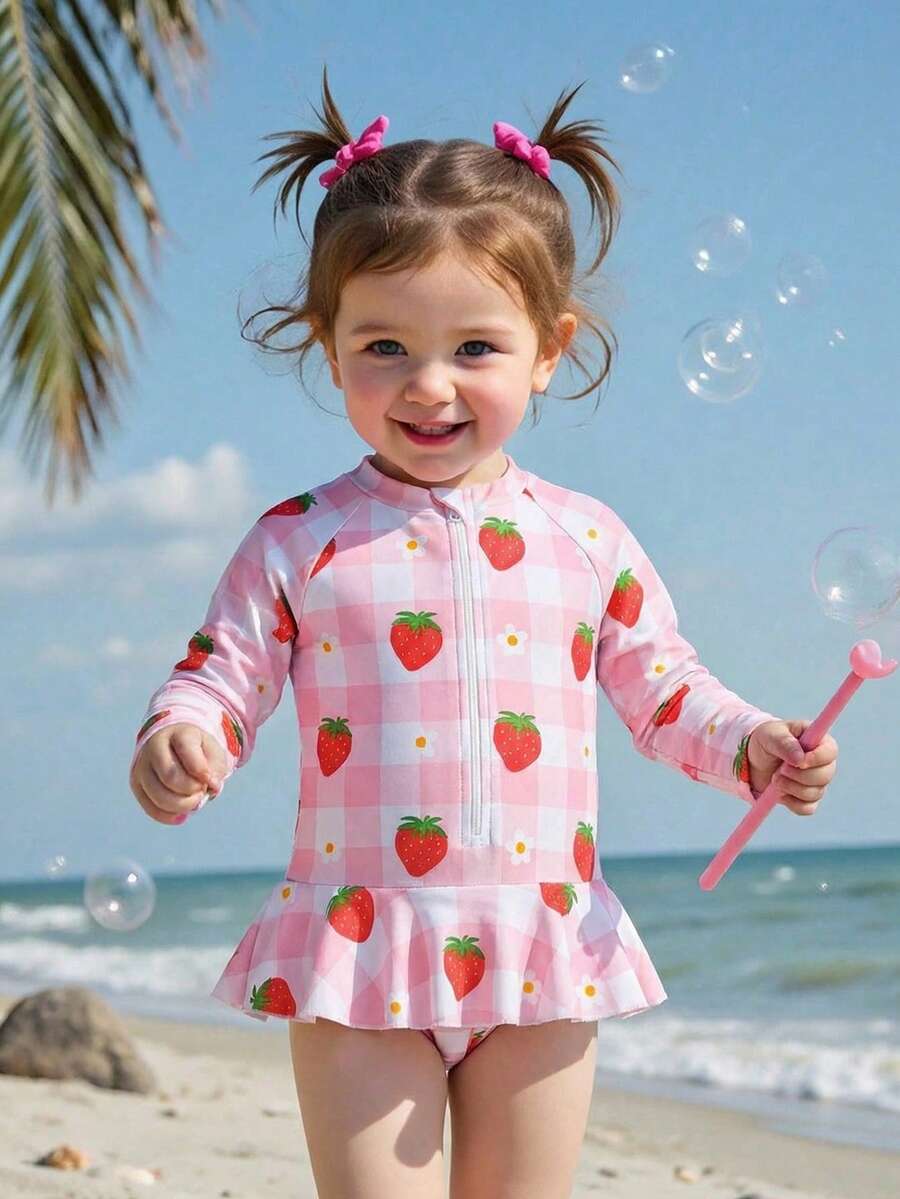 Baby Girls' Pink Strawberry Print Long Sleeve Ruffled Hem One-Piece Swimsuit - Pink - View 1