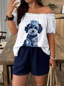 SHEIN LUNE 大码女式休闲狗狗印花牛仔效果露肩上衣和短裤套装，春夏款 - 藍白色 - 查看 1