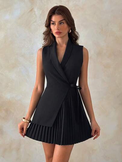 SHEIN Women's Black Premium Tailored Vest Dress Featuring A Notched Shawl Lapel, Pleated Wrap Skirt, And Daily Sophisticated Belted Waist Silhouette, Elegant Colleciton