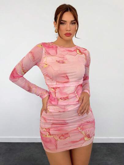 Aloruh Women's New Romantic Date Night Ombre Print Mesh Bodycon Long Sleeve Mini Dress, Autumn/Winter,Pastel Dresses For Women