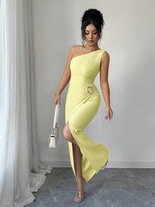 Selianne 新款时尚女士纯色性感不对称肩部扭结褶皱长裙，不对称领口针织纹理修身款式，扭结开衩设计鸡尾酒会礼服，优雅女士服饰，春夏度假、派对、情人节连衣裙 - 黃色 - 查看 4