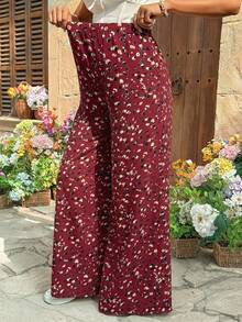 Pantalones casuales de maternidad de cintura ajustable con estampado completo para uso diario - Burdeos - Ver 5