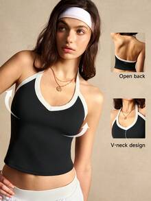 VARSIVA Contrast Color Trim Backless Racerback Sports Tank Top Backless Body Shaper - Black and White - View 11