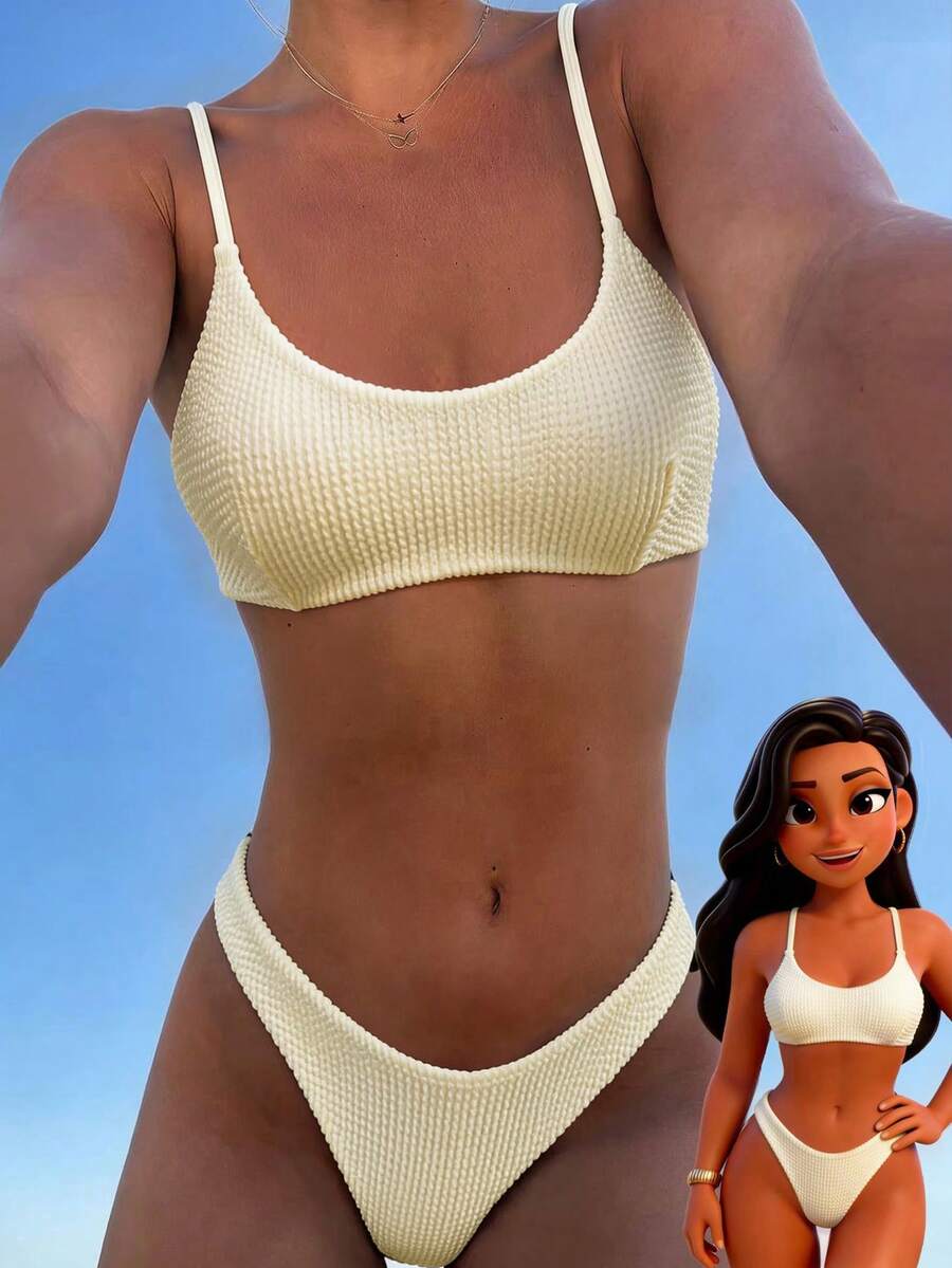 Swim Vcay Women's Jacquard Fabric Spaghetti Strap Criss-Cross Back Bikini Set, Spring/Summer - Beige - View 1