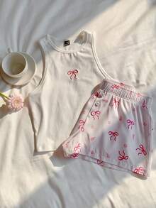CovetEZ Casual Minimalist Summer Sweetheart Embroidered Bow Camisole And Butterfly Print Shorts Set, Versatile Sweet Homewear - Multicolor - View 8