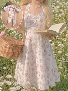 SHEIN 少女露背蝴蝶结碎花优雅度假连衣裙 - 粉色 - 查看 3