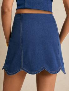 女士休闲牛仔迷你裙，夏季 - 深色水洗藍 - 查看 2