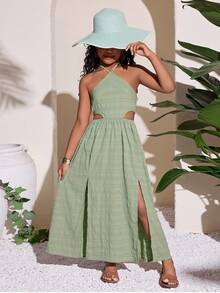 Tween Girls' Casual Vacation Halter Waist Hollow Out Dress - Green - View 3